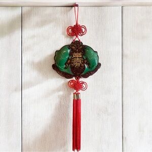 Oriental Faux Jade Green Koi Fish Lucky Wall Hanging with Lucky Knots (EUC)